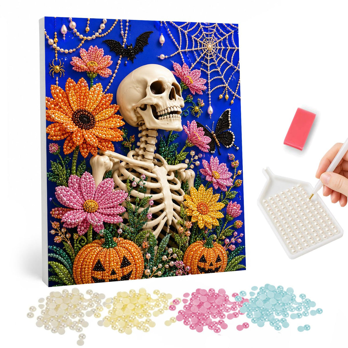Skeleton in a Flower Garden pearl painting – Skeleton peering over a riot of orange and pink flowers with jack-o'-lanterns, butterflies and spiderwebs