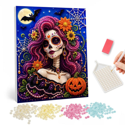 Magenta-Haired Sugar Skull Belle pearl painting – Woman in sugar skull face paint with flowing magenta curls, orange flowers and a jack-o'-lantern under a full moon