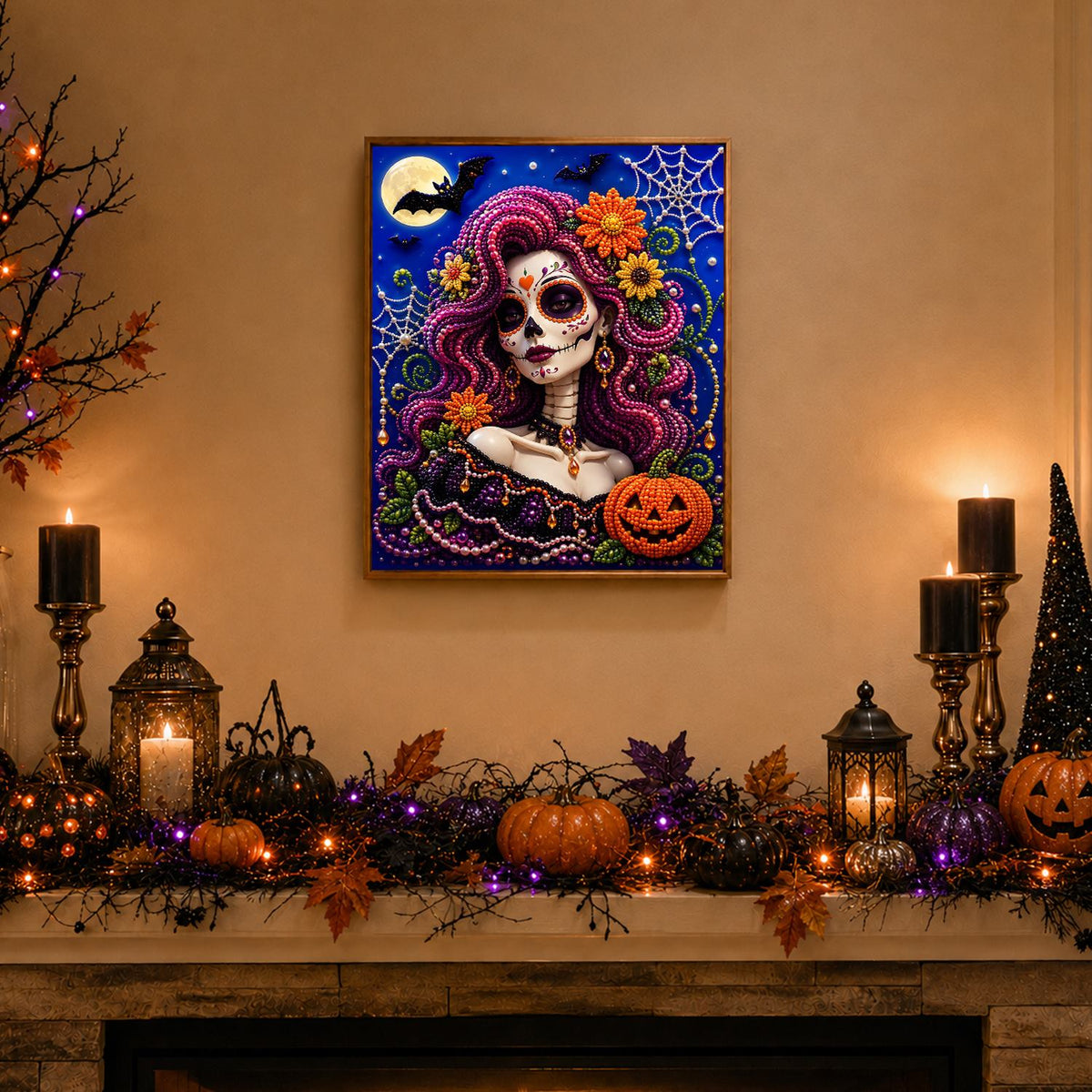 Magenta-Haired Sugar Skull Belle pearl painting – image 3