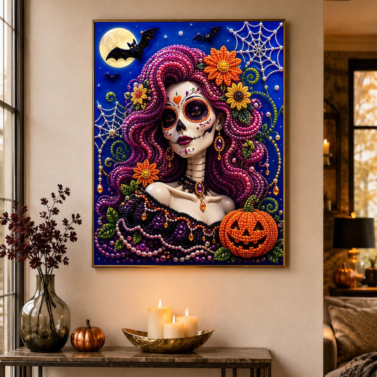 Magenta-Haired Sugar Skull Belle pearl painting – image 4