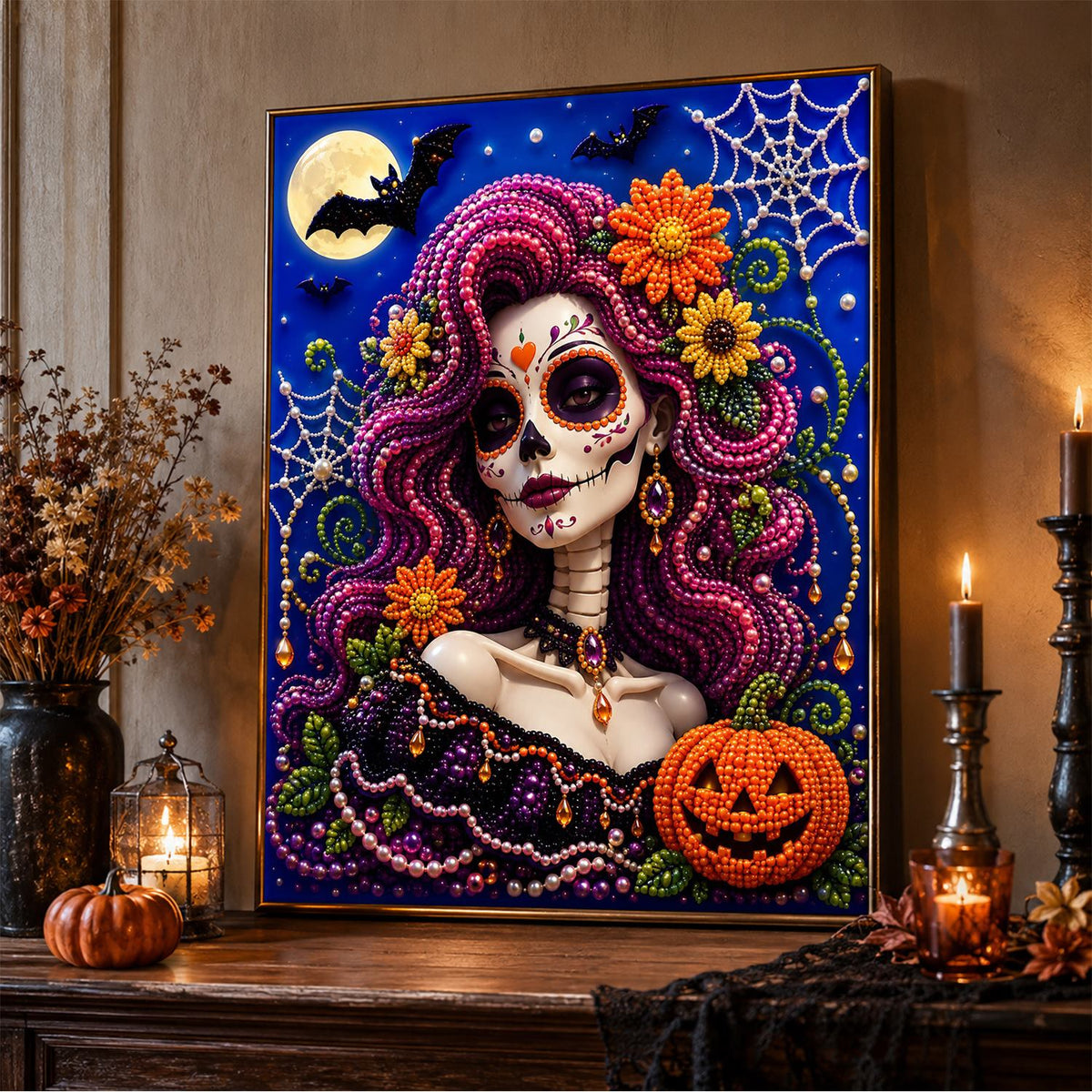 Magenta-Haired Sugar Skull Belle pearl painting – image 5
