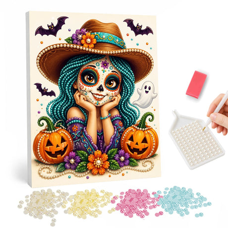 Halloween Girl with Pumpkins pearl painting – image 1