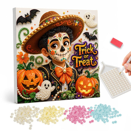 Halloween Sugar Skull Child Trick or Treat pearl painting – image 1