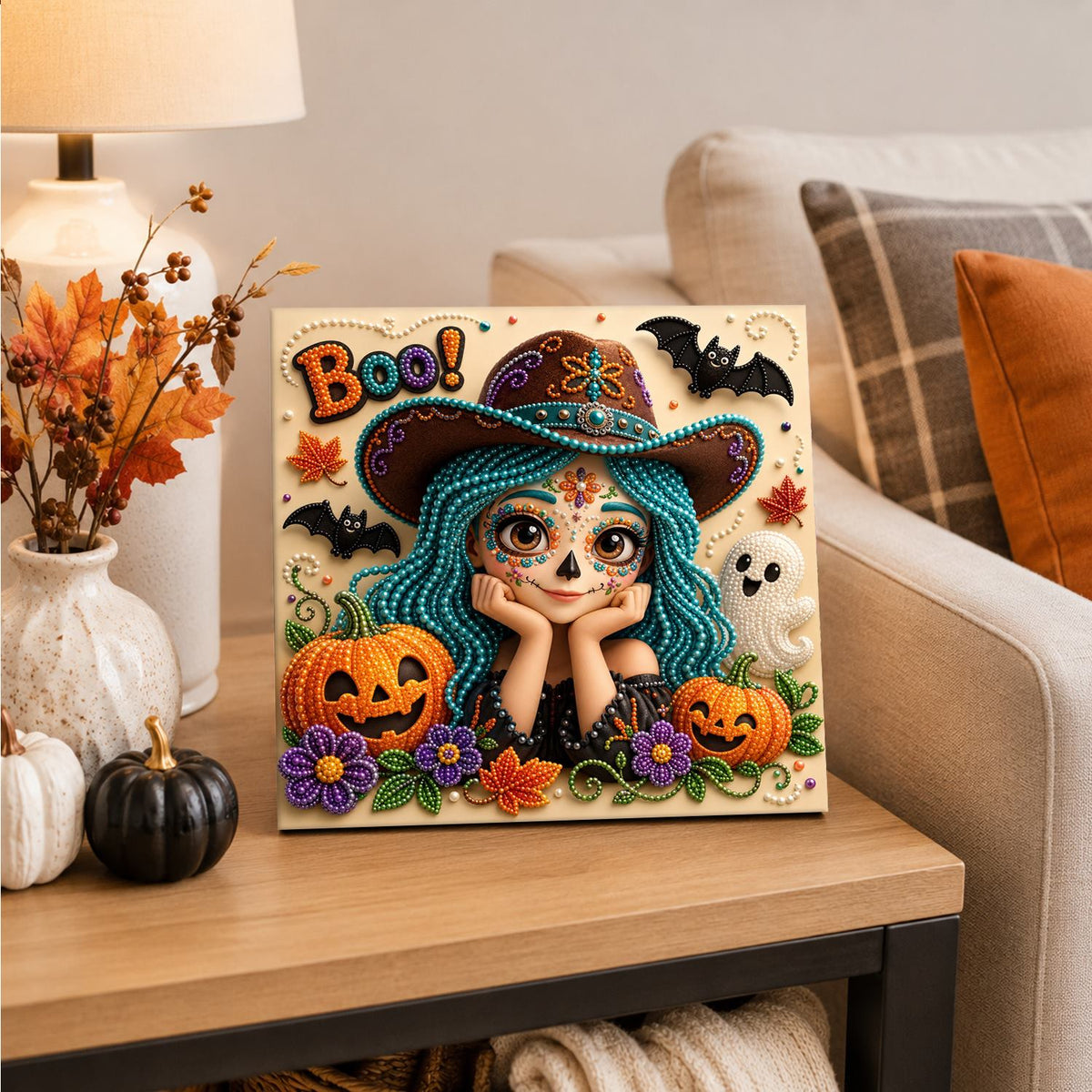 Boo Girl with Teal Braids pearl painting – image 4