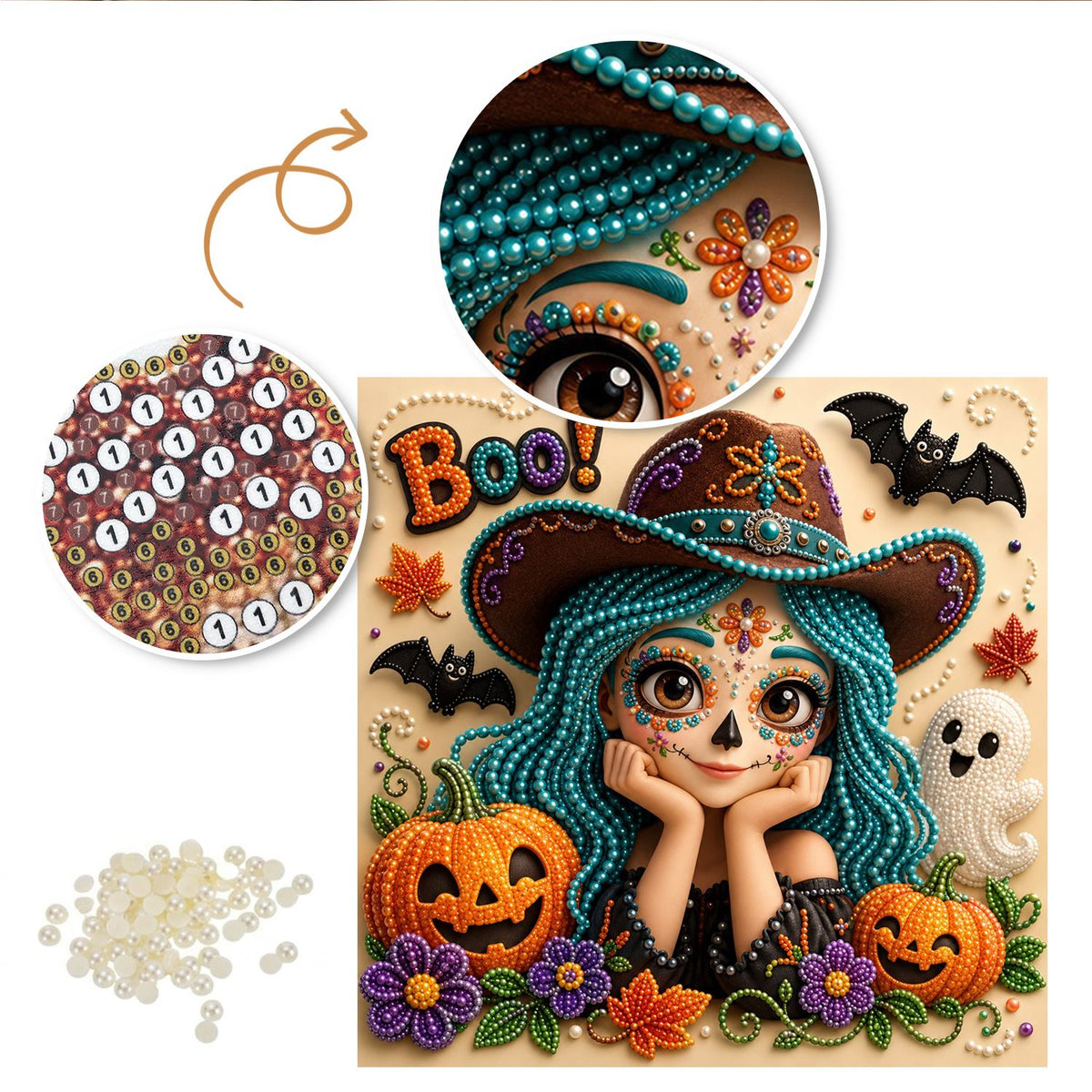 Boo Girl with Teal Braids pearl painting – image 6