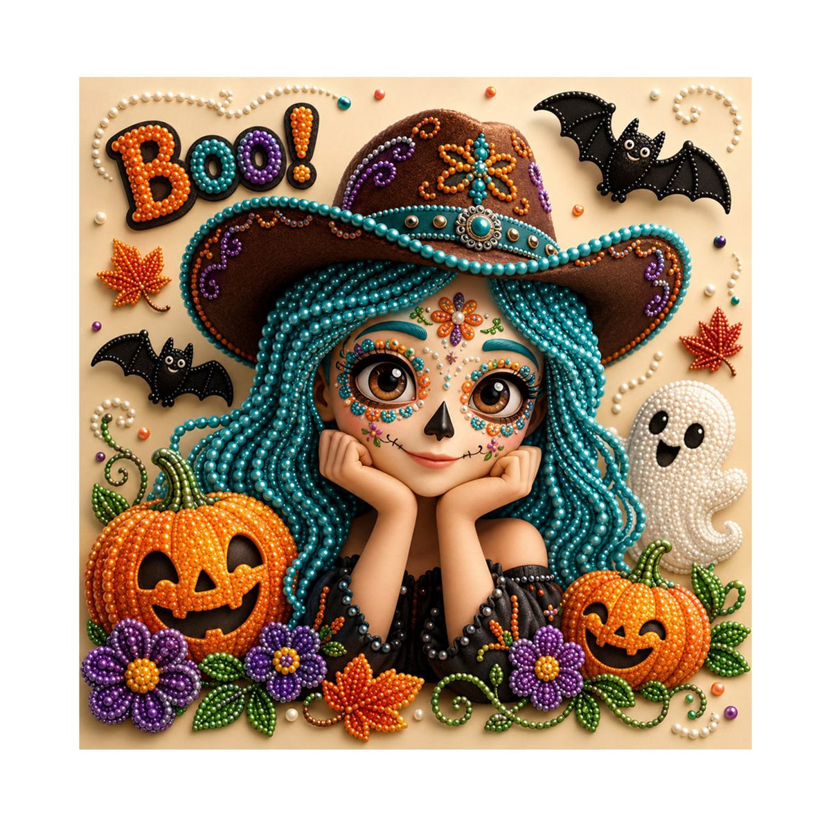 Boo Girl with Teal Braids pearl painting – image 11