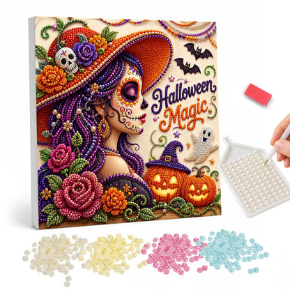 Profile Catrina in Rose Hat pearl painting – Side profile of a woman in sugar skull face paint and a wide flowered hat, roses and pumpkins, Halloween Magic text