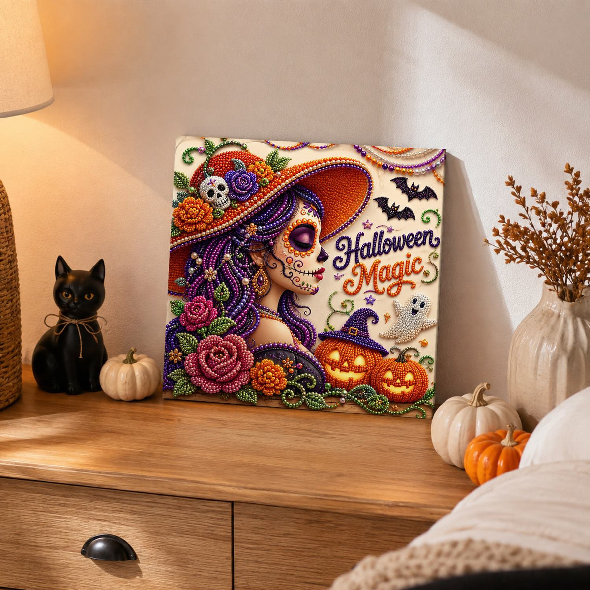 Profile Catrina in Rose Hat pearl painting – image 2