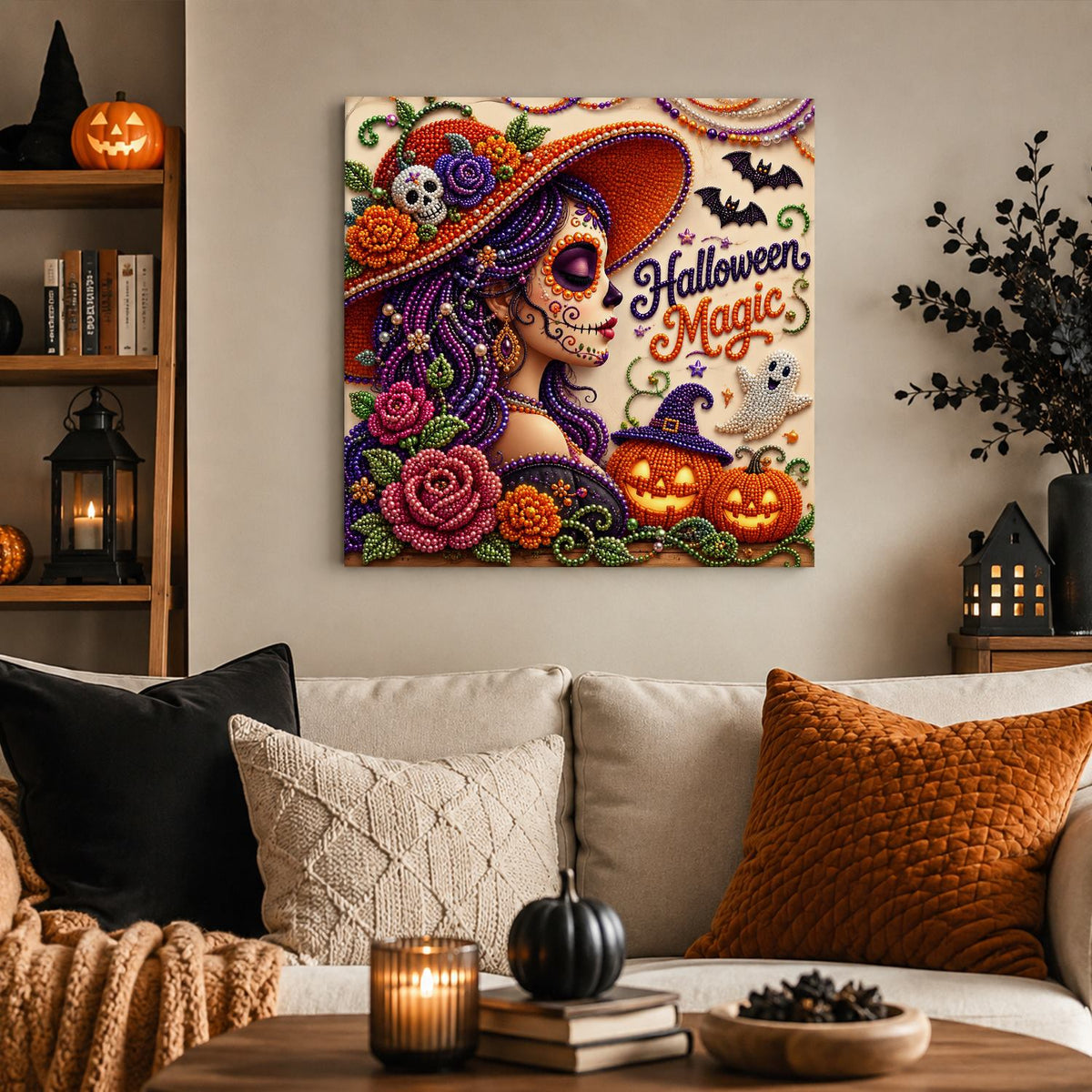 Profile Catrina in Rose Hat pearl painting – image 3