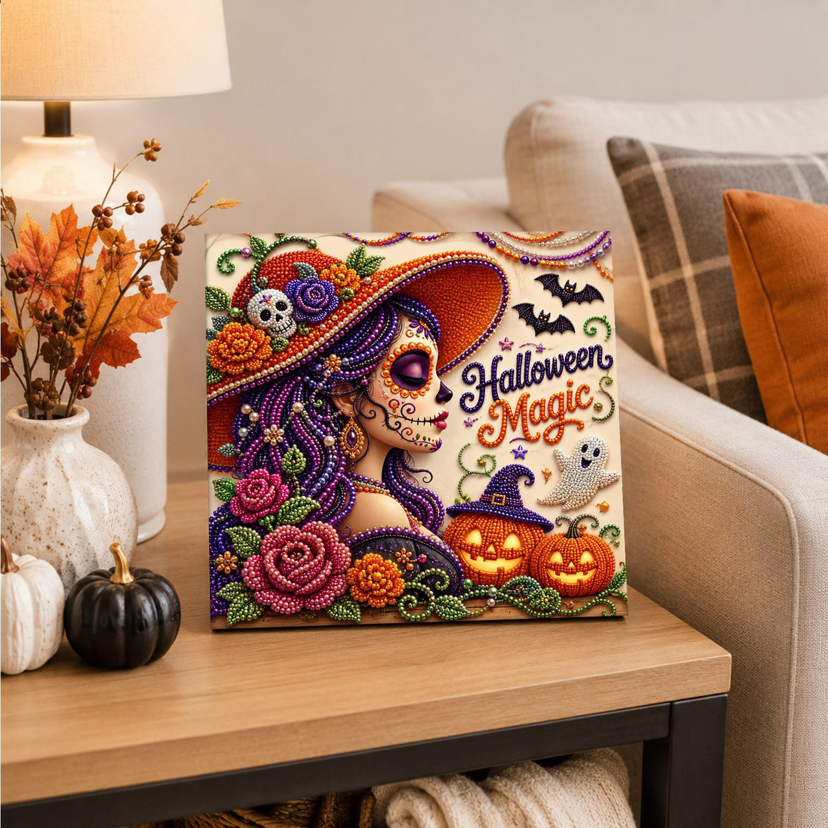 Profile Catrina in Rose Hat pearl painting – image 4