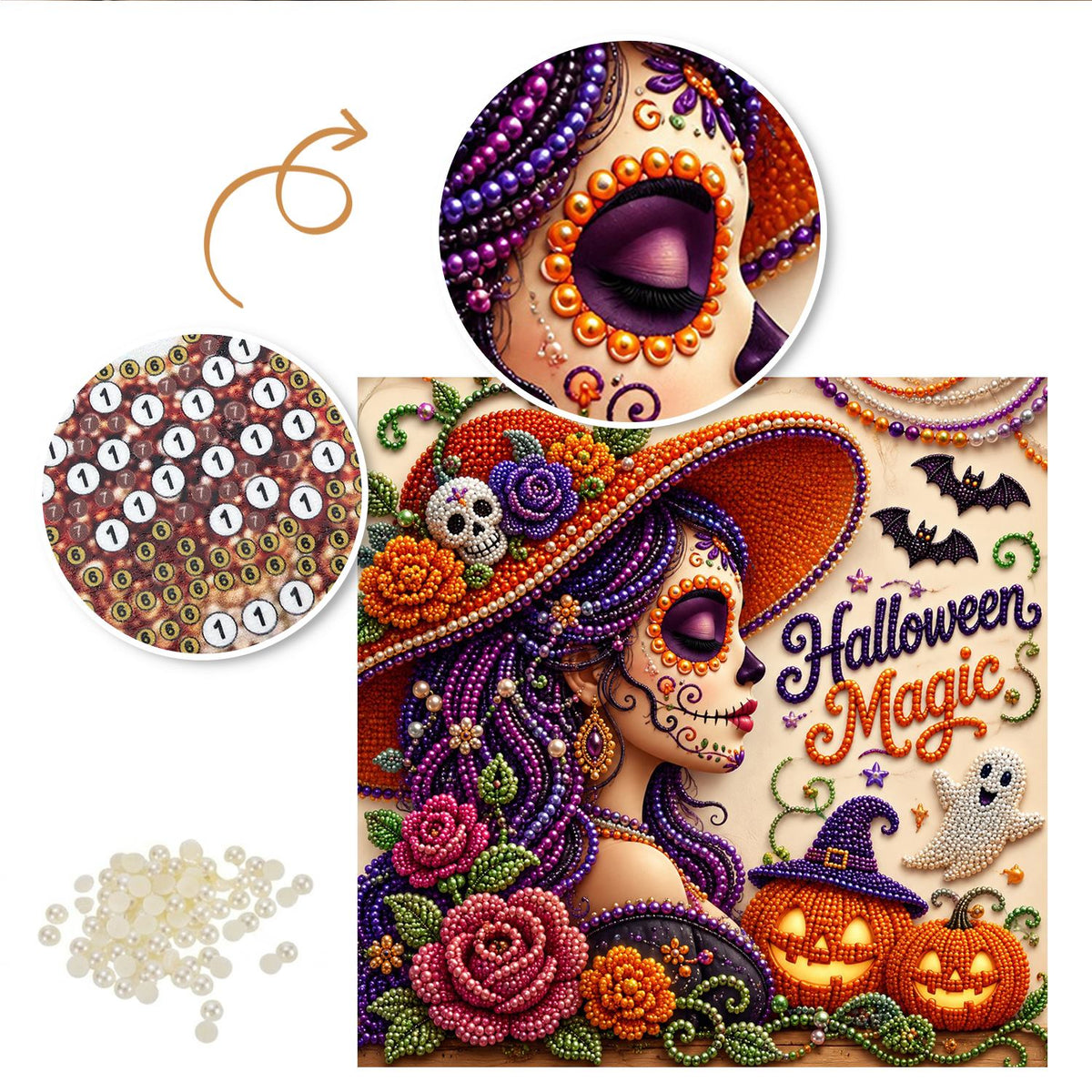 Profile Catrina in Rose Hat pearl painting – image 6