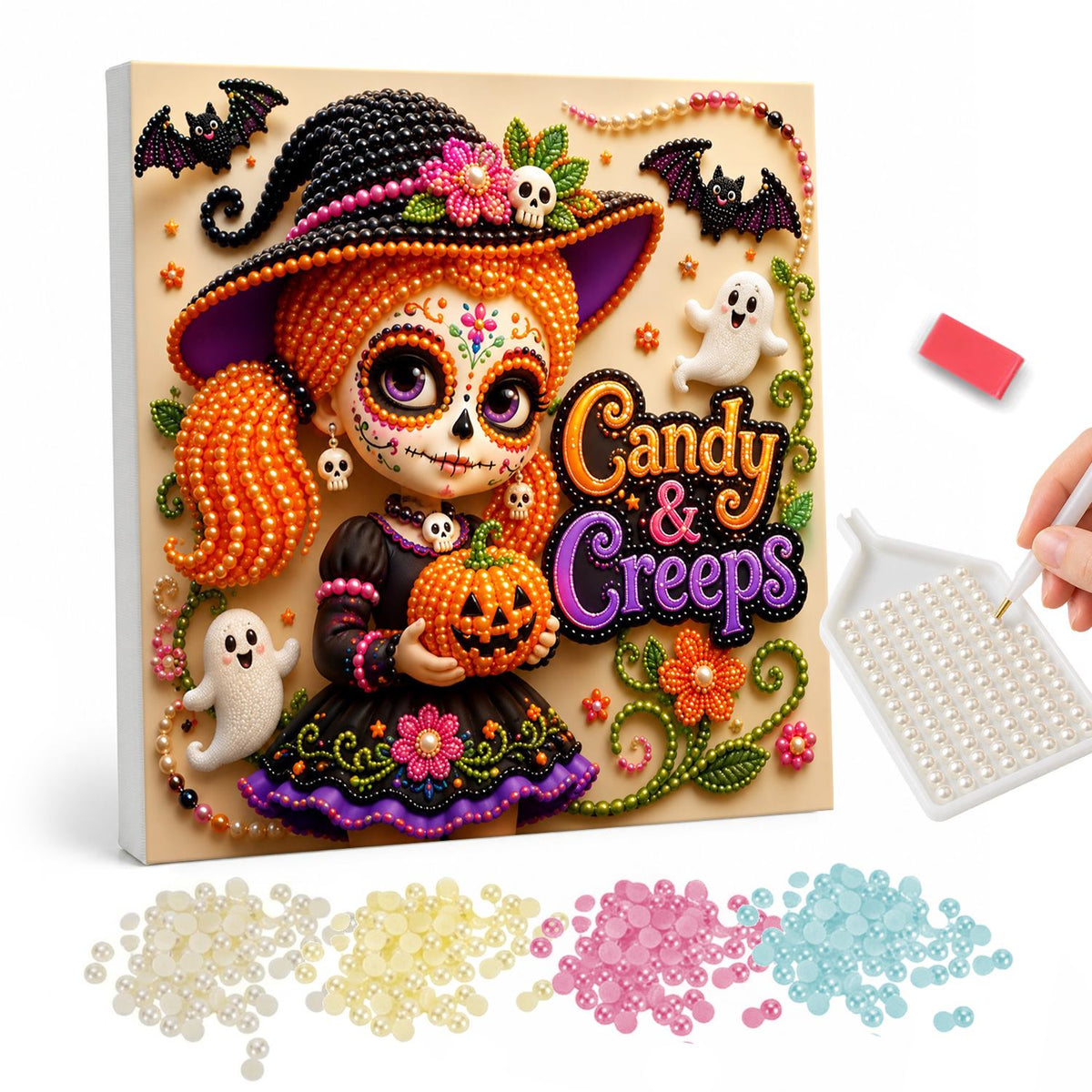 Pigtailed Witch Girl with Pumpkin pearl painting – Little witch with orange pigtails and sugar skull face paint hugging a jack-o'-lantern, Candy and Creeps text