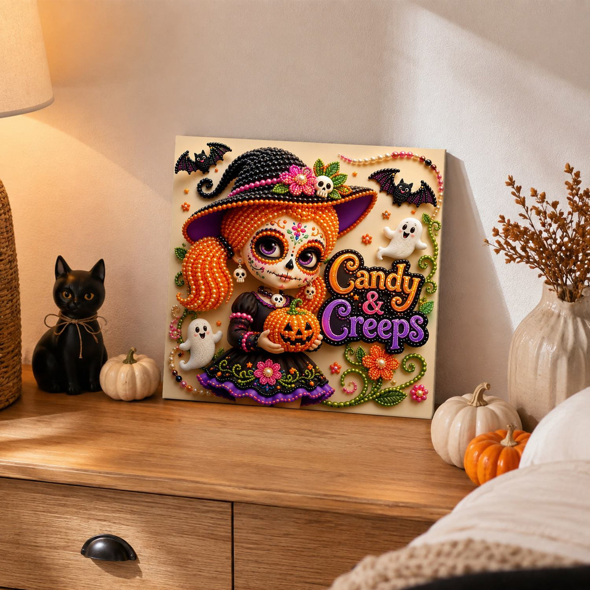 Pigtailed Witch Girl with Pumpkin pearl painting – image 2