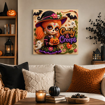Pigtailed Witch Girl with Pumpkin pearl painting – image 3
