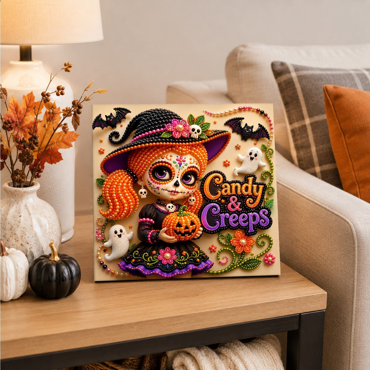 Pigtailed Witch Girl with Pumpkin pearl painting – image 4