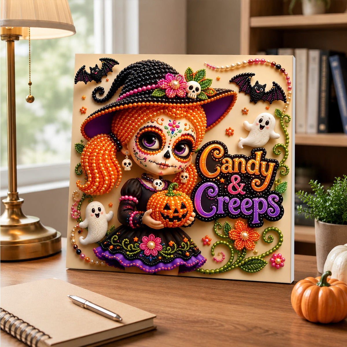 Pigtailed Witch Girl with Pumpkin pearl painting – image 5