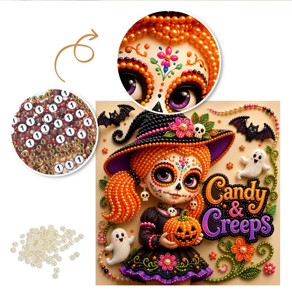 Pigtailed Witch Girl with Pumpkin pearl painting – image 6