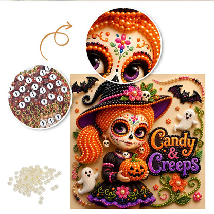 Pigtailed Witch Girl with Pumpkin pearl painting – image 6