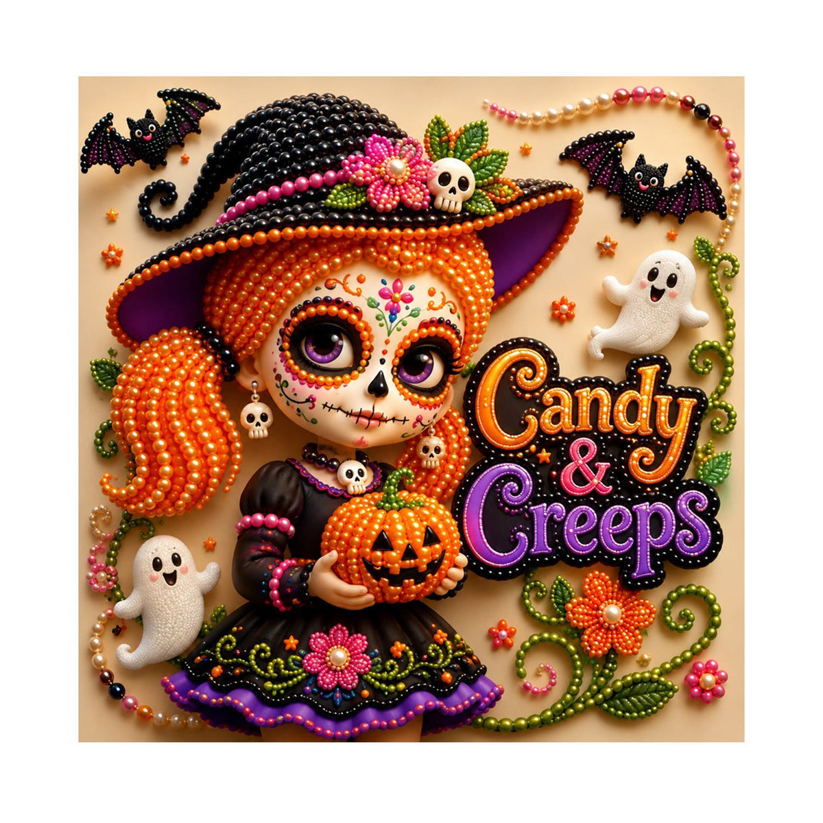 Pigtailed Witch Girl with Pumpkin pearl painting – image 11