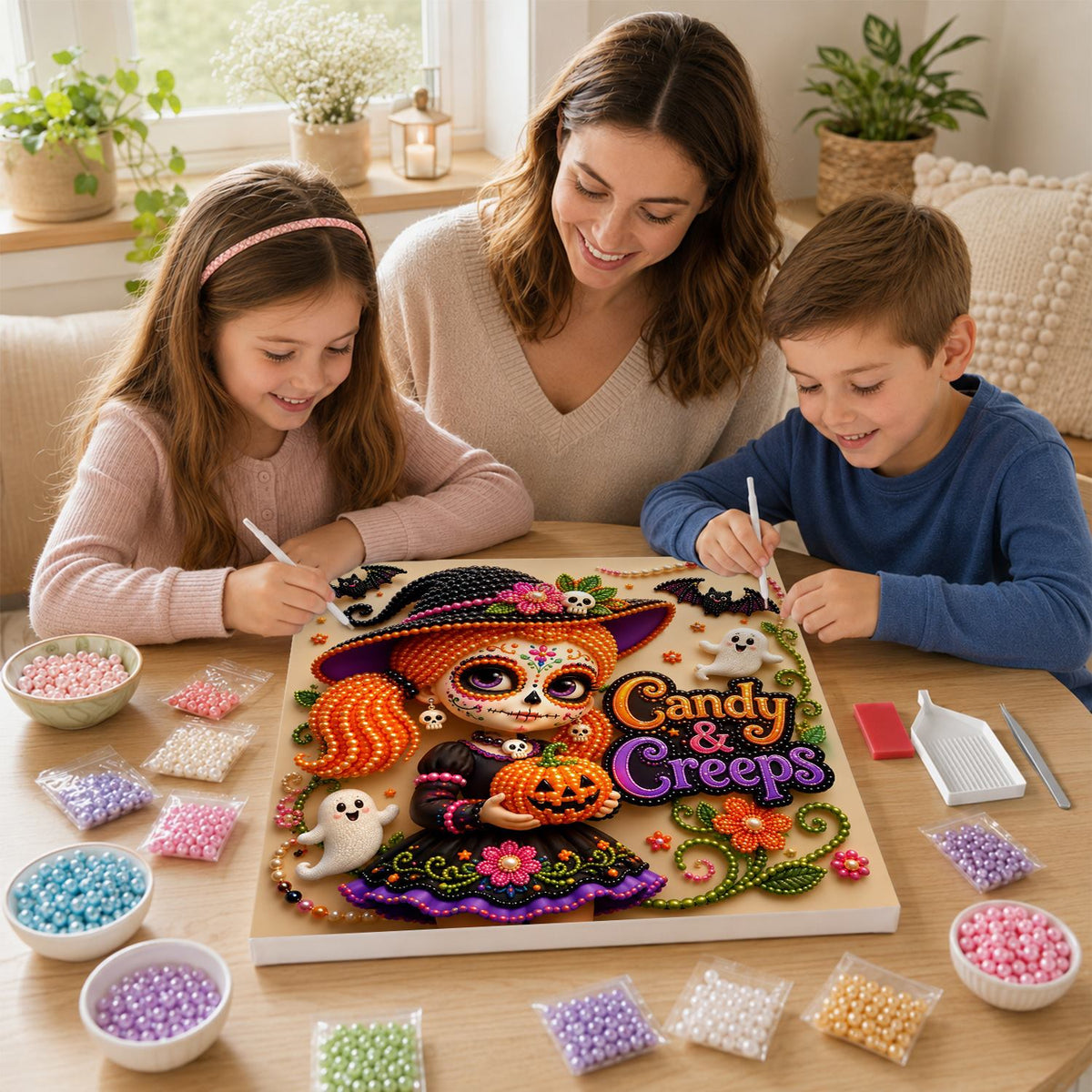 Pigtailed Witch Girl with Pumpkin pearl painting – image 15