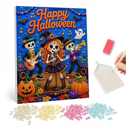 Witch Singer and Skeleton Band pearl painting – Red-haired witch singer fronting a skeleton band with guitar and trumpet among pumpkins under Happy Halloween text