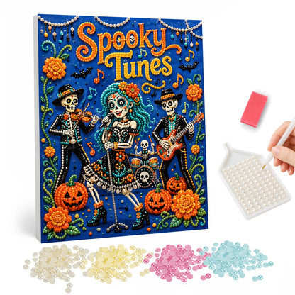 Skeleton Serenade with Fiddle pearl painting – Skeleton band with fiddle and guitar backing a teal-haired singer among marigolds and pumpkins, Spooky Tunes text