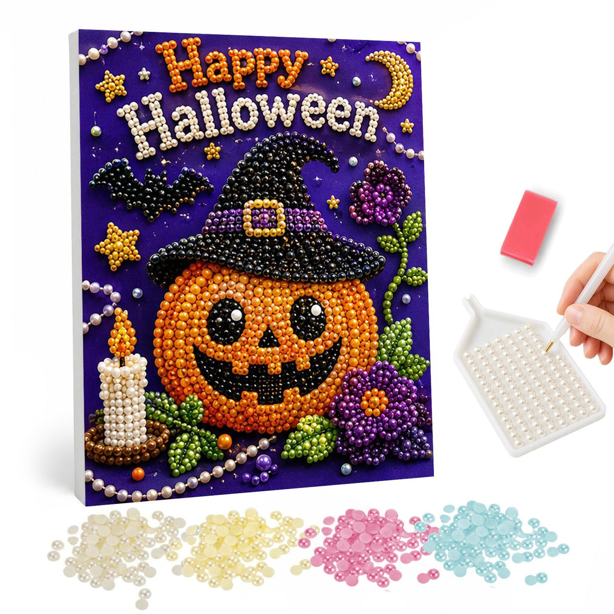 Witch-Hat Pumpkin and Candle pearl painting – Grinning jack-o'-lantern wearing a witch hat beside a lit candle and purple flowers under Happy Halloween text