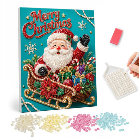 Waving Santa in a Gift Sleigh pearl painting – Waving Santa in a sleigh full of gifts and poinsettias under Merry Christmas lettering on teal