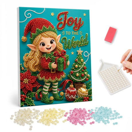 Blonde Elf and a Little Tree pearl painting – Blonde elf girl in red and green holding a gift beside a small tree under Joy to the World lettering