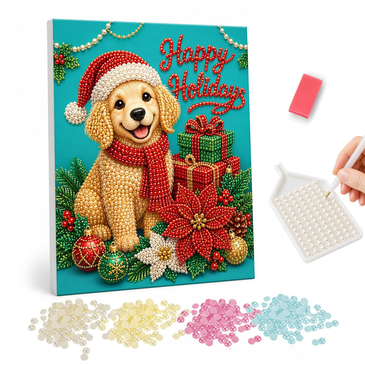 Happy Holidays Golden Puppy pearl painting – Golden puppy in a Santa hat and red scarf with gifts and poinsettias under Happy Holidays lettering