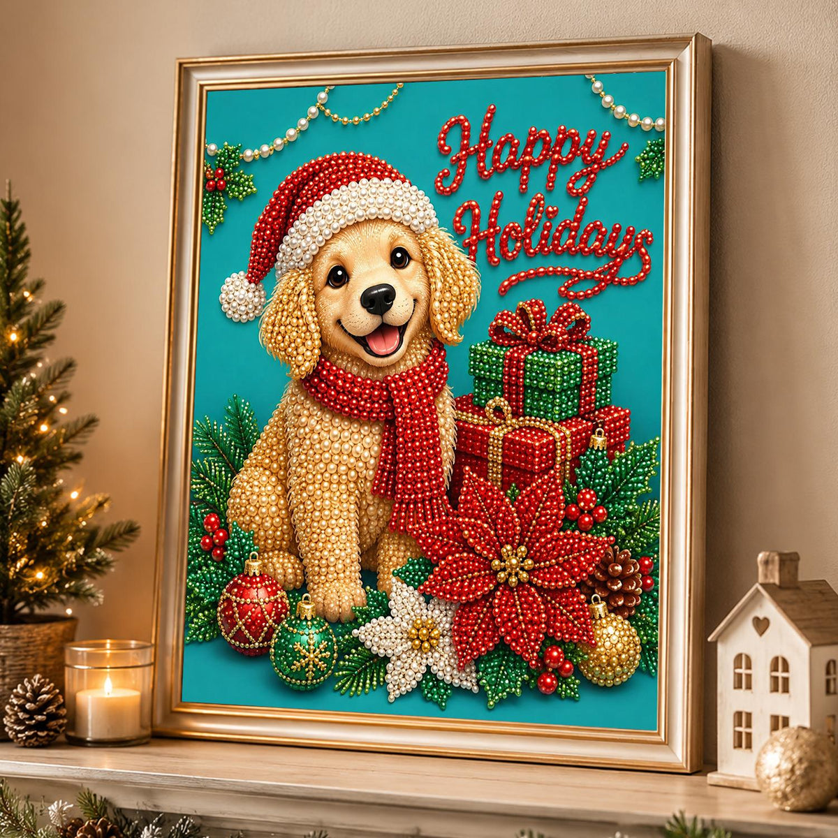 Happy Holidays Golden Puppy pearl painting – image 4