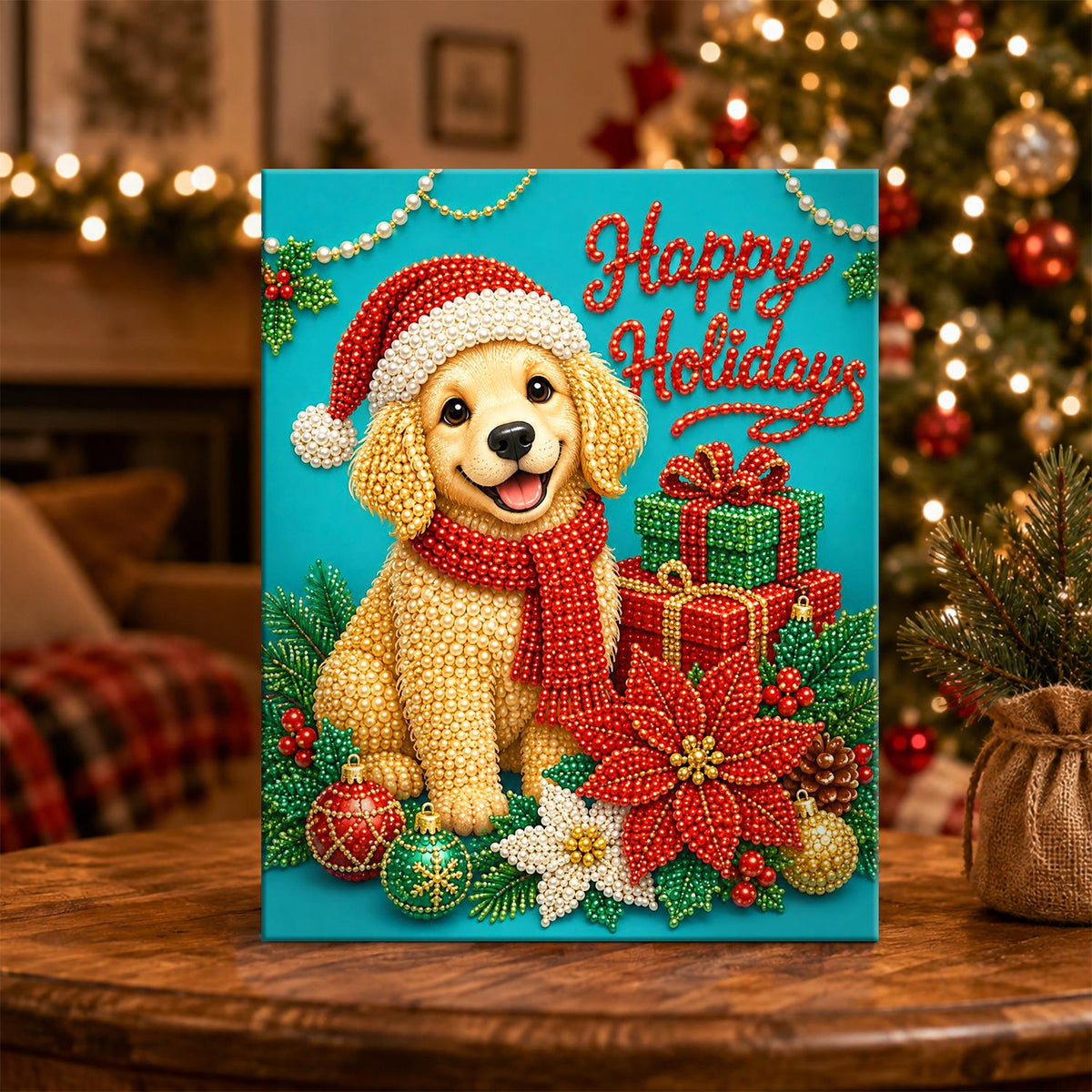 Happy Holidays Golden Puppy pearl painting – image 5