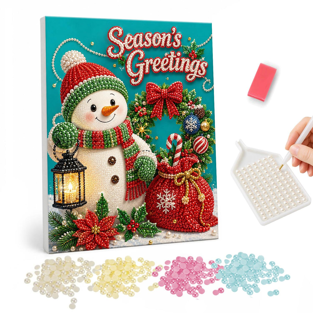 Lantern Snowman with a Gift Sack pearl painting – Snowman in a green knit hat with a lantern, wreath and gift sack under Season's Greetings lettering