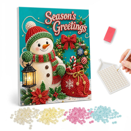 Lantern Snowman with a Gift Sack pearl painting – Snowman in a green knit hat with a lantern, wreath and gift sack under Season's Greetings lettering