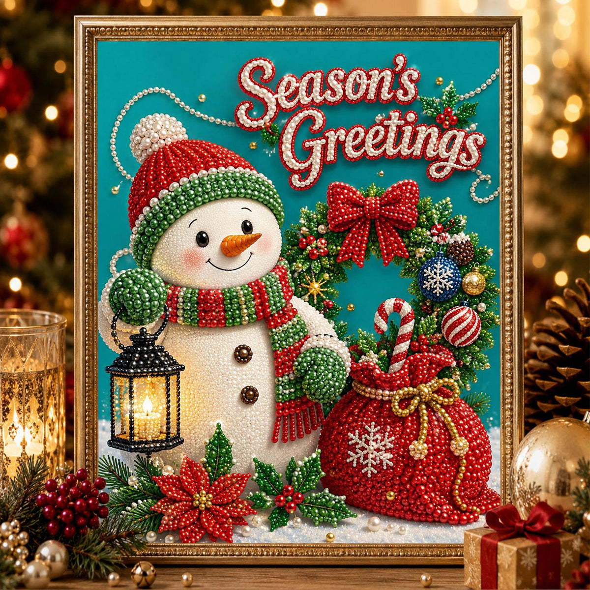 Lantern Snowman with a Gift Sack pearl painting – image 2