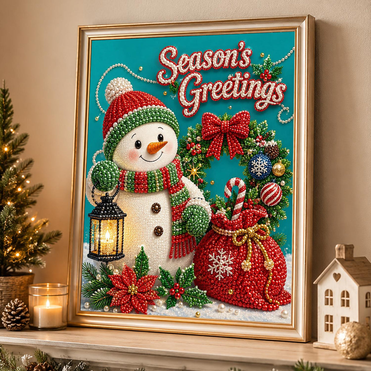 Lantern Snowman with a Gift Sack pearl painting – image 4