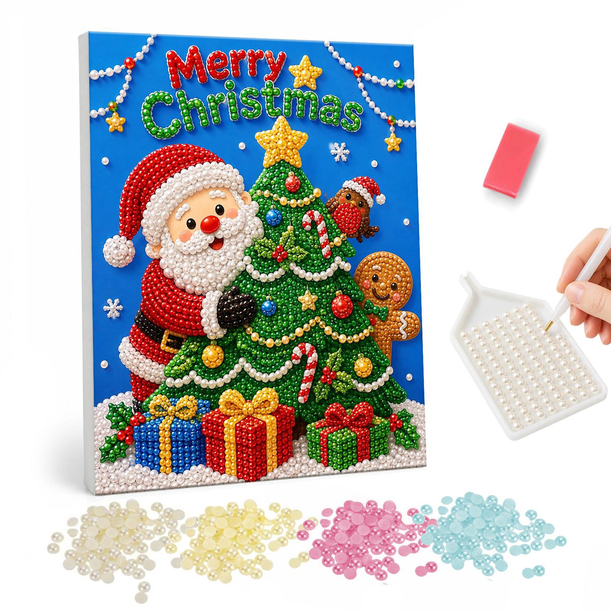 Santa Peeking Behind the Tree pearl painting – Santa peeking from behind a decorated tree with a gingerbread man and gifts under Merry Christmas lettering