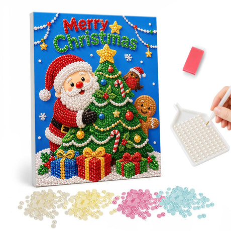 Santa Peeking Behind the Tree pearl painting – Santa peeking from behind a decorated tree with a gingerbread man and gifts under Merry Christmas lettering