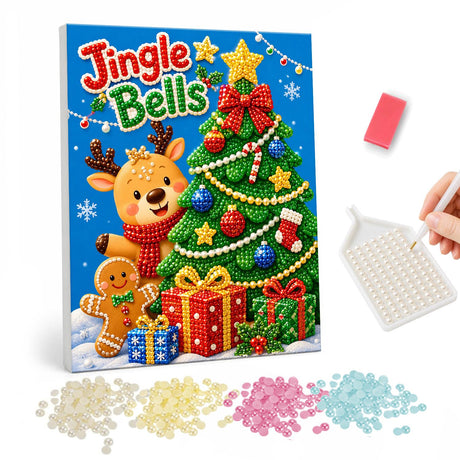 Reindeer and Gingerbread Pal pearl painting – Smiling reindeer and gingerbread man beside a decorated tree and gifts under Jingle Bells lettering