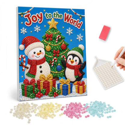 Snowman and Penguin by the Tree pearl painting – Snowman and penguin in scarves beside a decorated Christmas tree and gifts under Joy to the World lettering