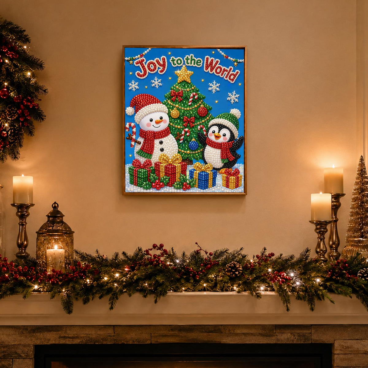 Snowman and Penguin by the Tree pearl painting – image 3