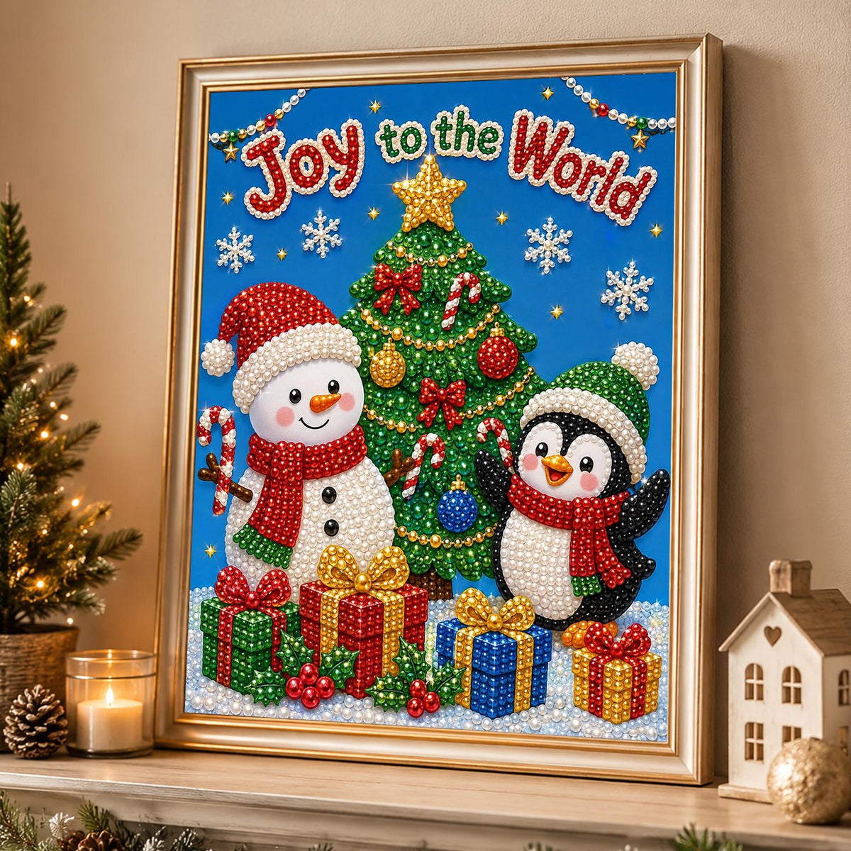 Snowman and Penguin by the Tree pearl painting – image 4