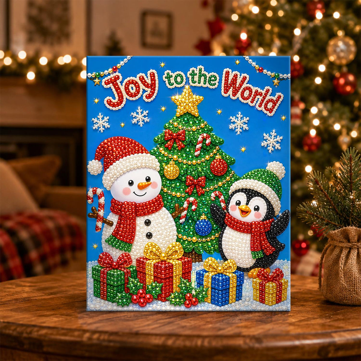 Snowman and Penguin by the Tree pearl painting – image 5