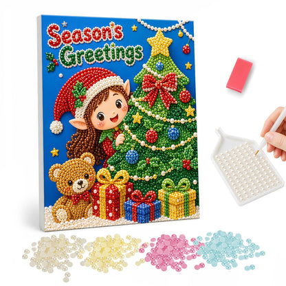 Little Elf and Teddy Bear pearl painting – Smiling elf girl in a Santa hat with a teddy bear, presents and a decorated Christmas tree