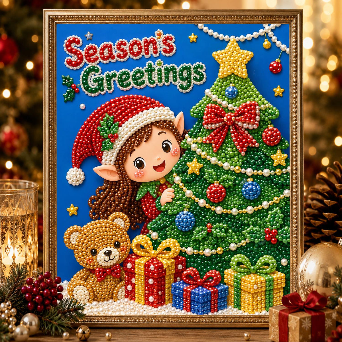 Little Elf and Teddy Bear pearl painting – image 2