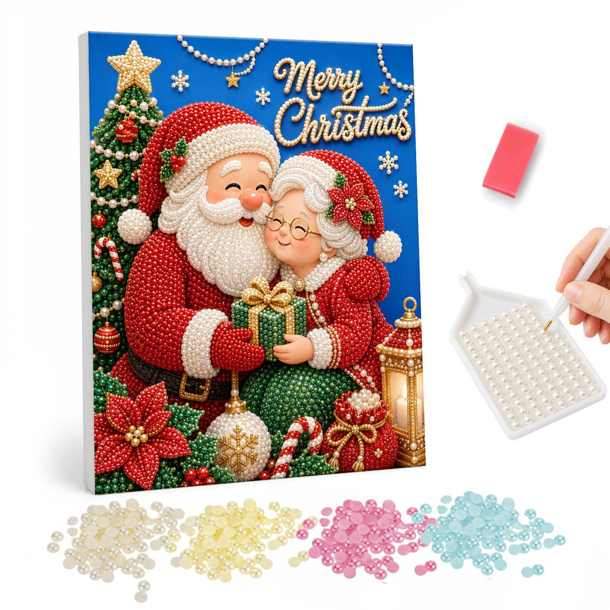 Santa and Mrs. Claus Embrace pearl painting – Santa and Mrs. Claus hugging cheek to cheek with a wrapped gift, poinsettia and lantern