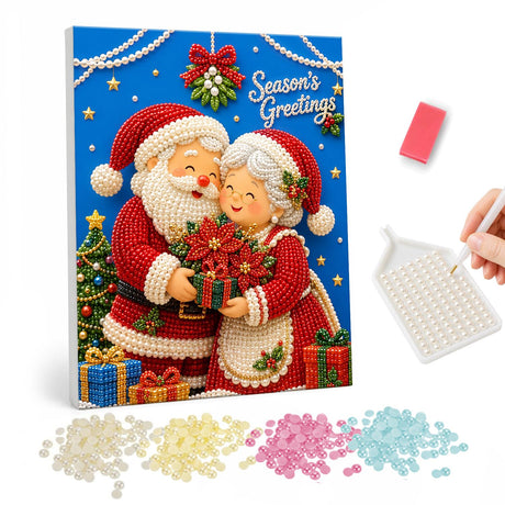 Claus Couple with Poinsettias pearl painting – Santa and Mrs. Claus holding a red poinsettia bouquet under Season's Greetings lettering