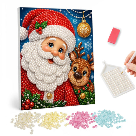 Jolly Santa and Reindeer Pal pearl painting – Close-up of a smiling Santa with a fluffy white beard beside a little reindeer and a gold bauble