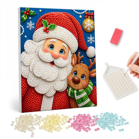 Santa and Scarf-Wrapped Reindeer pearl painting – Smiling Santa in a holly-trimmed hat beside a reindeer wearing a green striped scarf