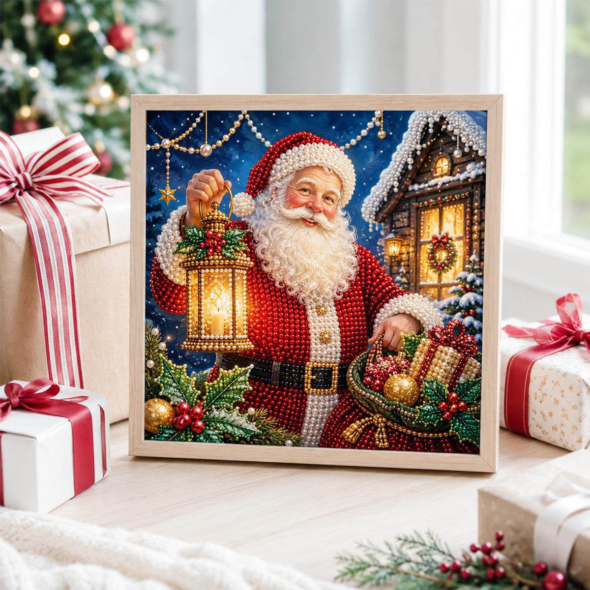Santa's Lantern by the Cabin pearl painting – image 4